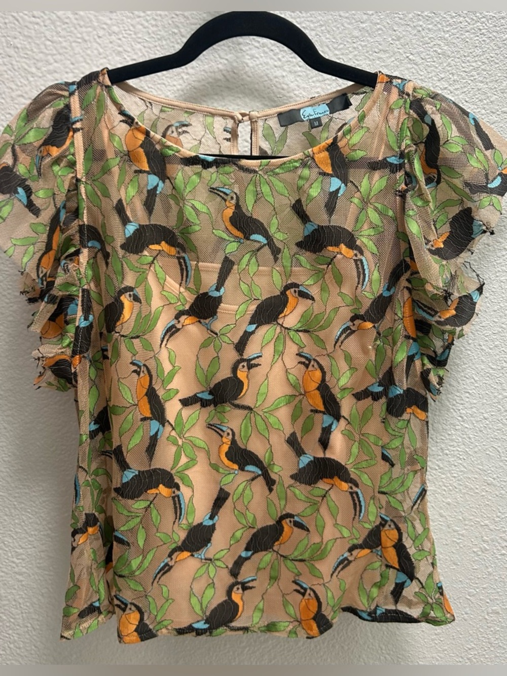 Eva Franco Sheer Bird-Print Ruffle Sleeve Top - Beige/Black/Green/Orange/Blue